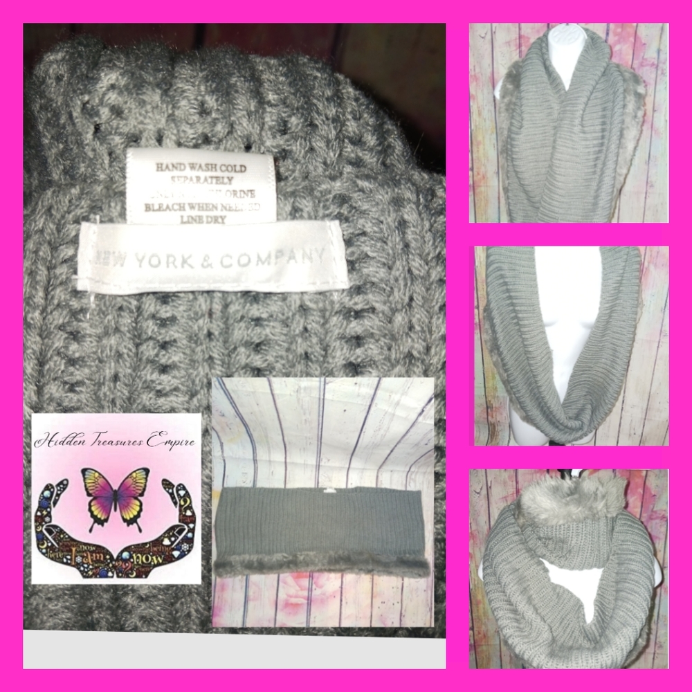 New York & Co Womens Heather Grey Infinity Scarf Knit W/Faux Fur Trim OS